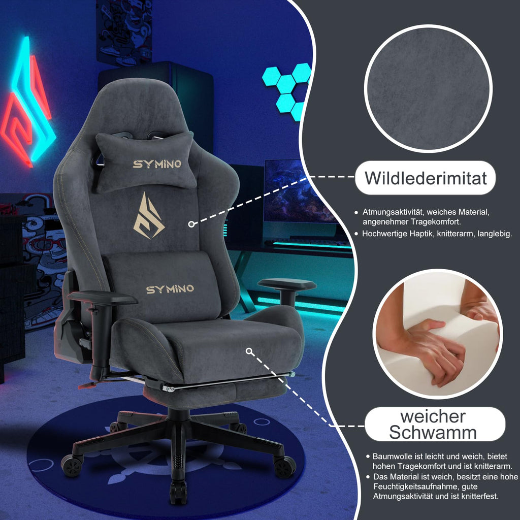 Symino Gaming Stuhl Ergonomisch mit Fußstütze Stoff Grau