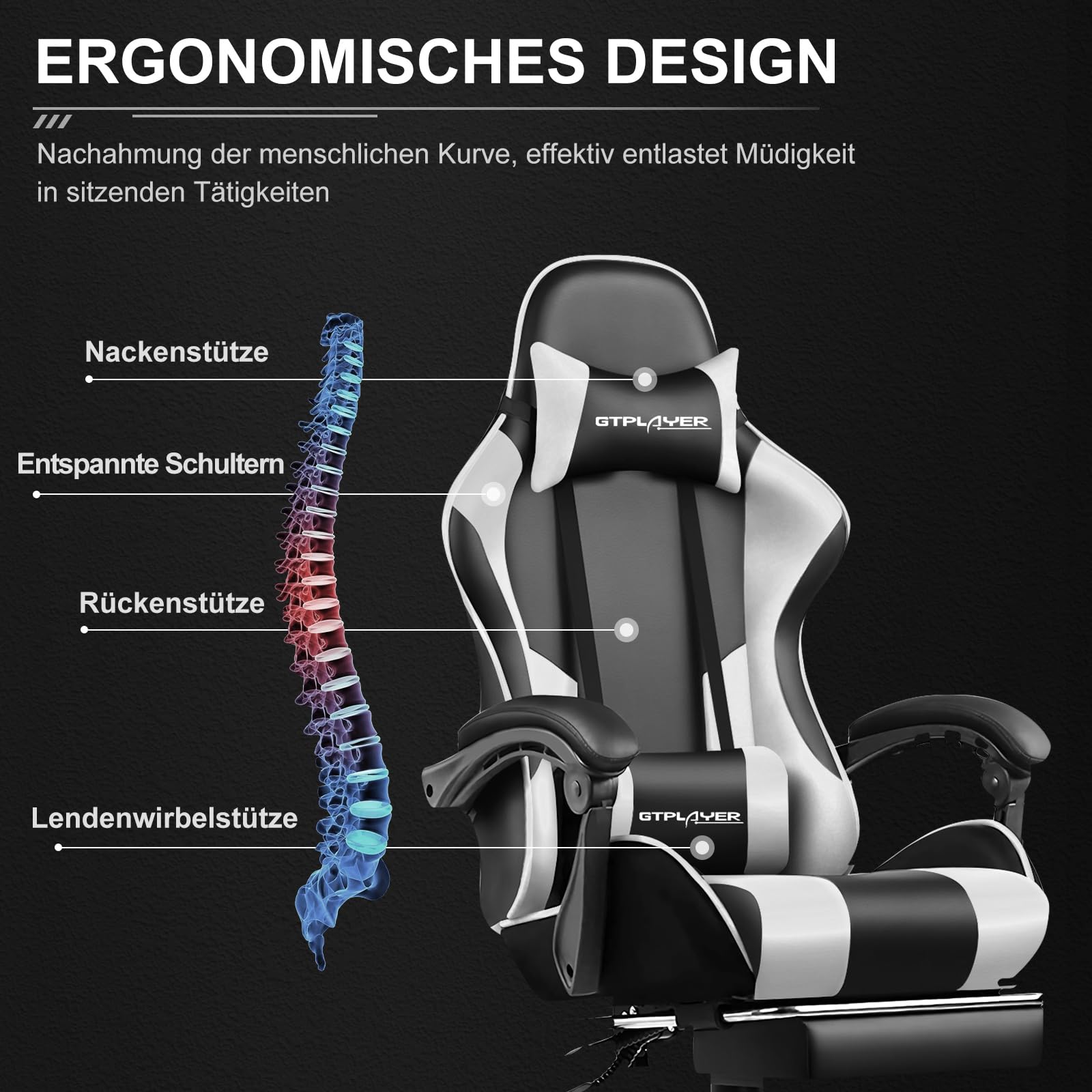 GTPLAYER Gaming Stuhl Ergonomisch mit Fußstütze und Massage Weiß