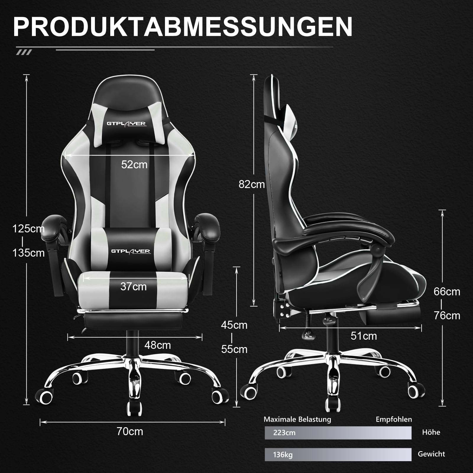 GTPLAYER Gaming Stuhl Ergonomisch mit Fußstütze und Massage Weiß