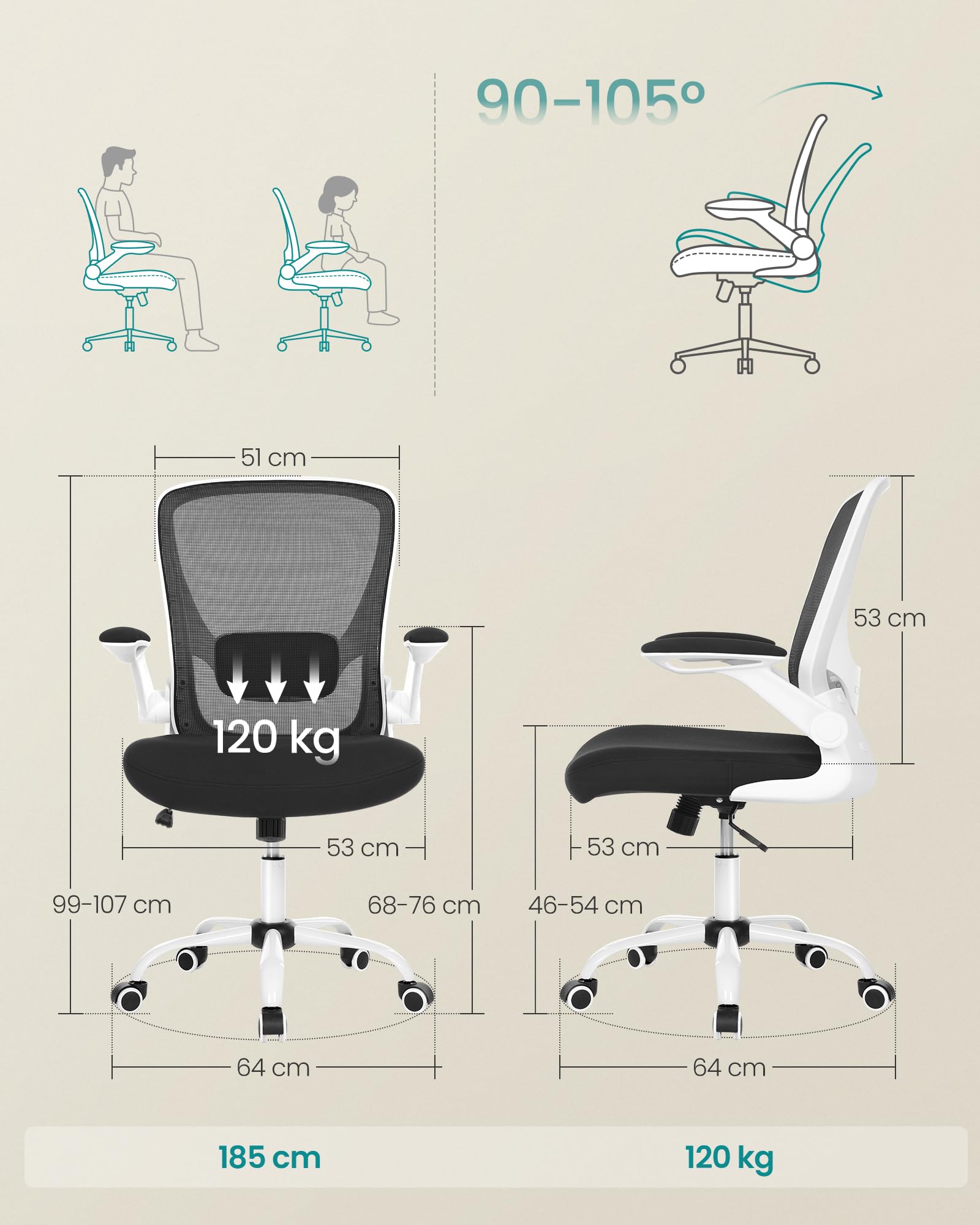 SONGMICS Ergonomischer Bürostuhl Stoff Schwarz/Weiß OBN37WT