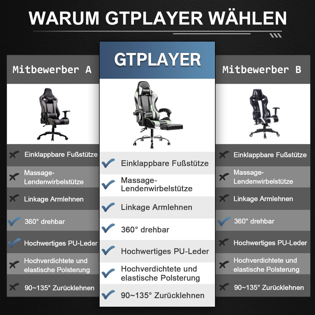 GTPLAYER Gaming Stuhl Ergonomisch mit Fußstütze und Massage Weiß