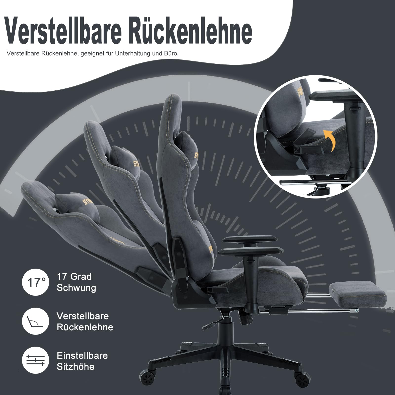 Symino Gaming Stuhl Ergonomisch mit Fußstütze Stoff Grau