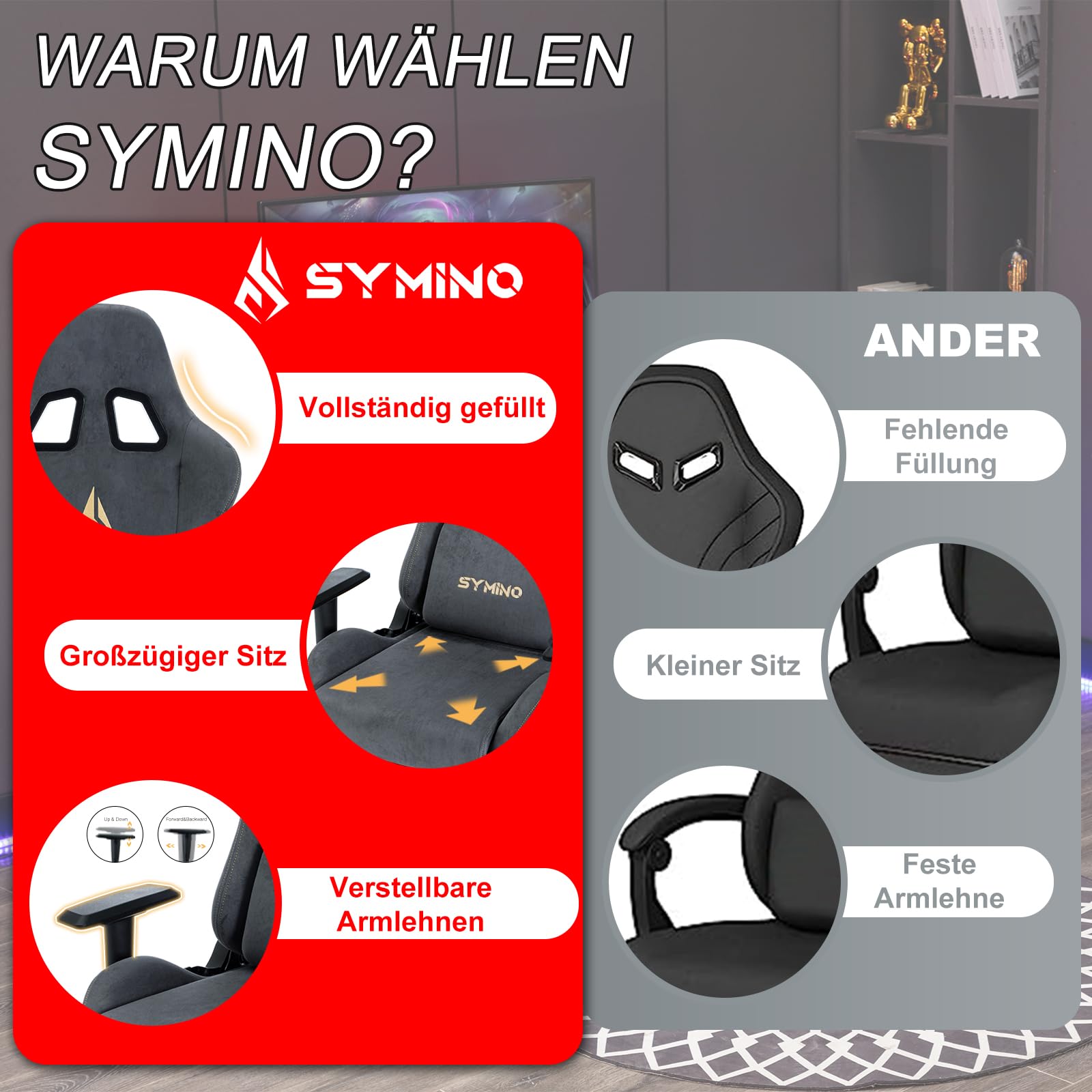 Symino Gaming Stuhl Ergonomisch mit Fußstütze Stoff Grau