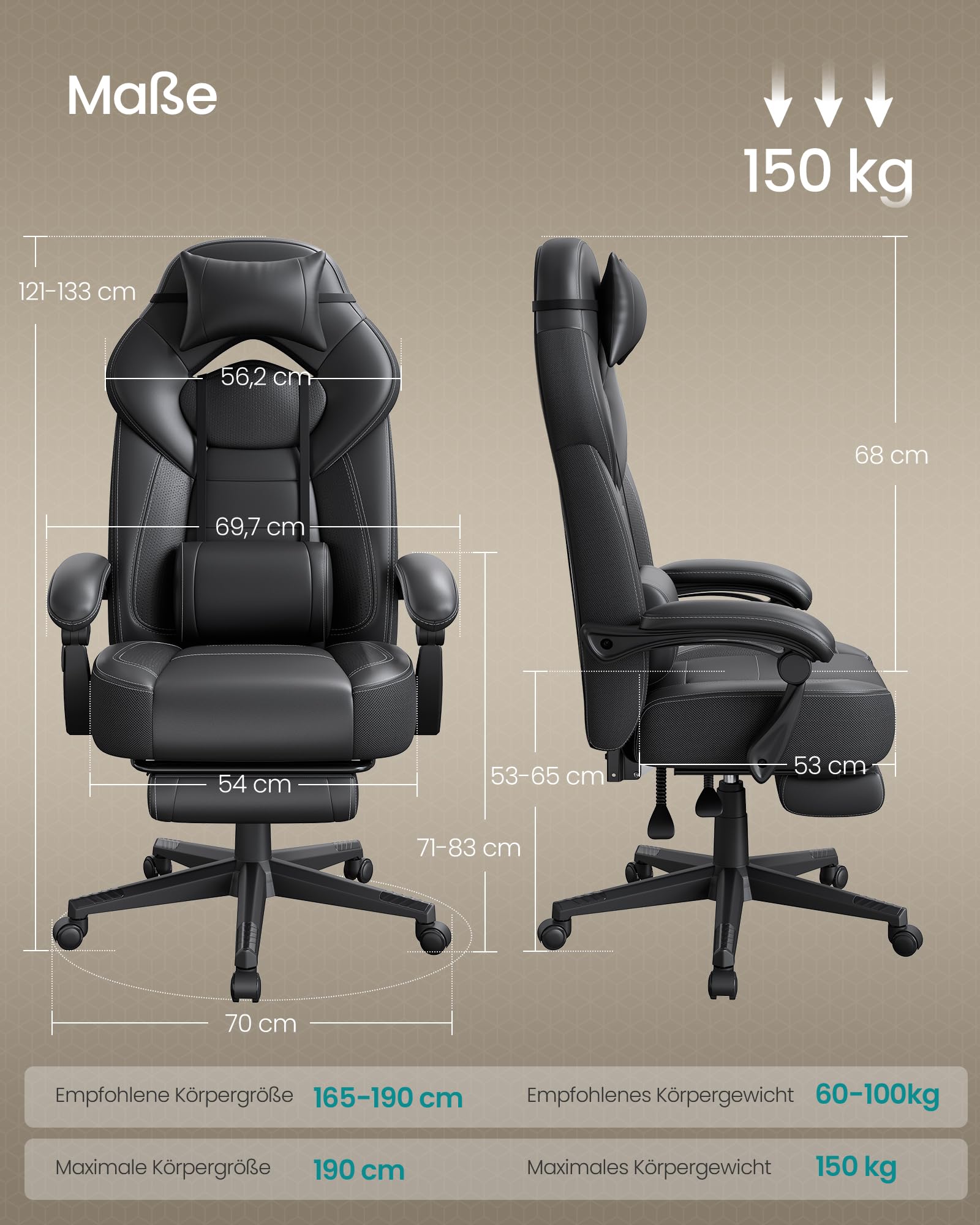 SONGMICS Gaming Stuhl Ergonomisch mit Fußstütze Schwarz OBG077B01