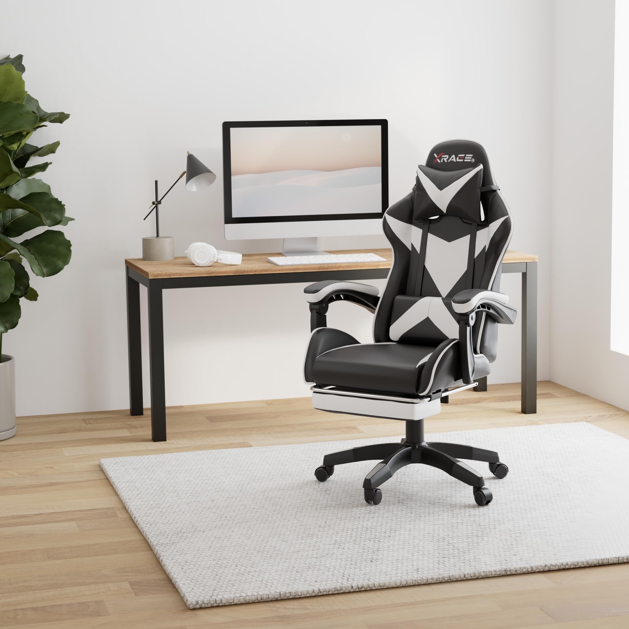 xRace Gaming Stuhl Ergonomisch mit Fußstütze Weiß