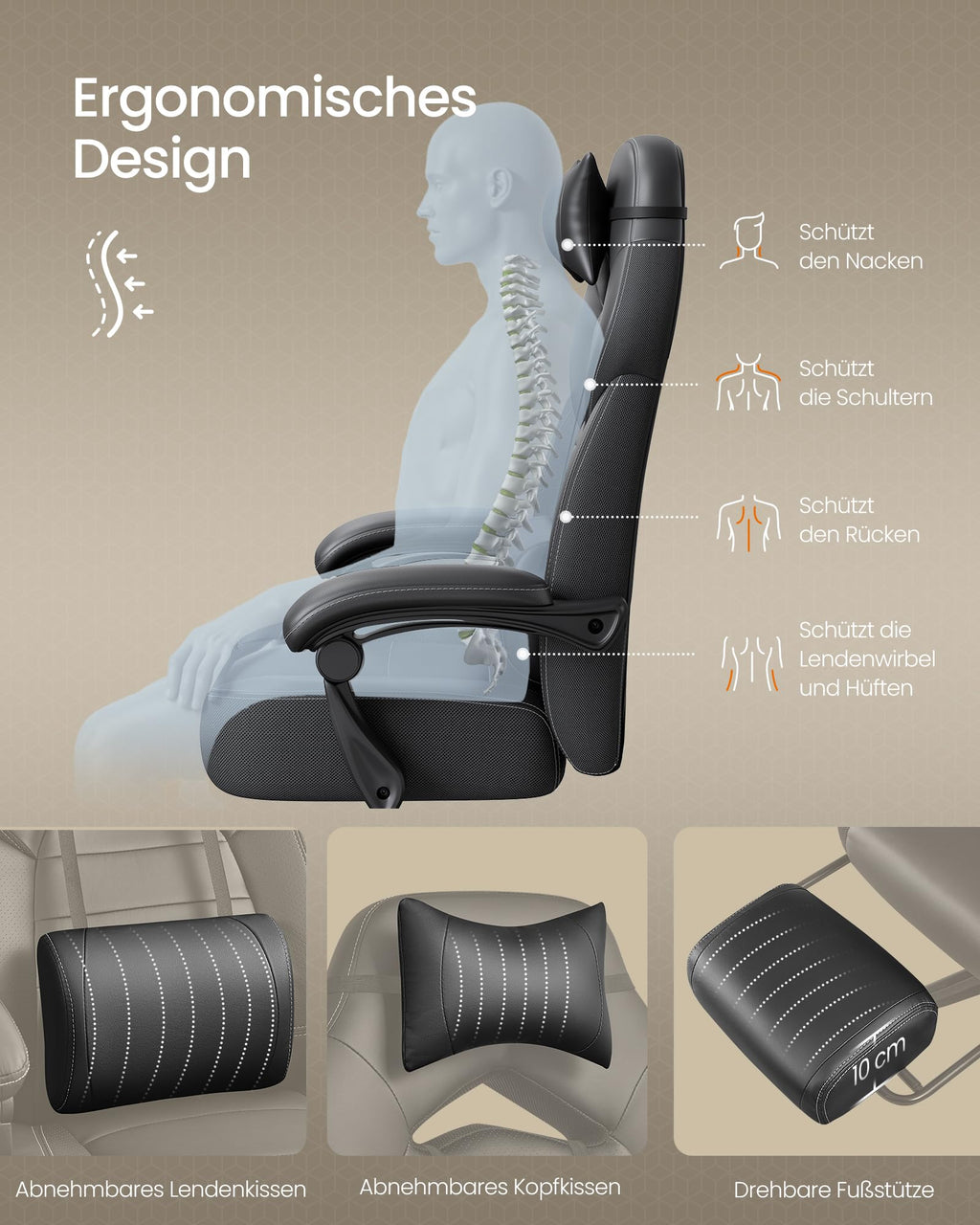 SONGMICS Gaming Stuhl Ergonomisch mit Fußstütze Schwarz OBG077B01