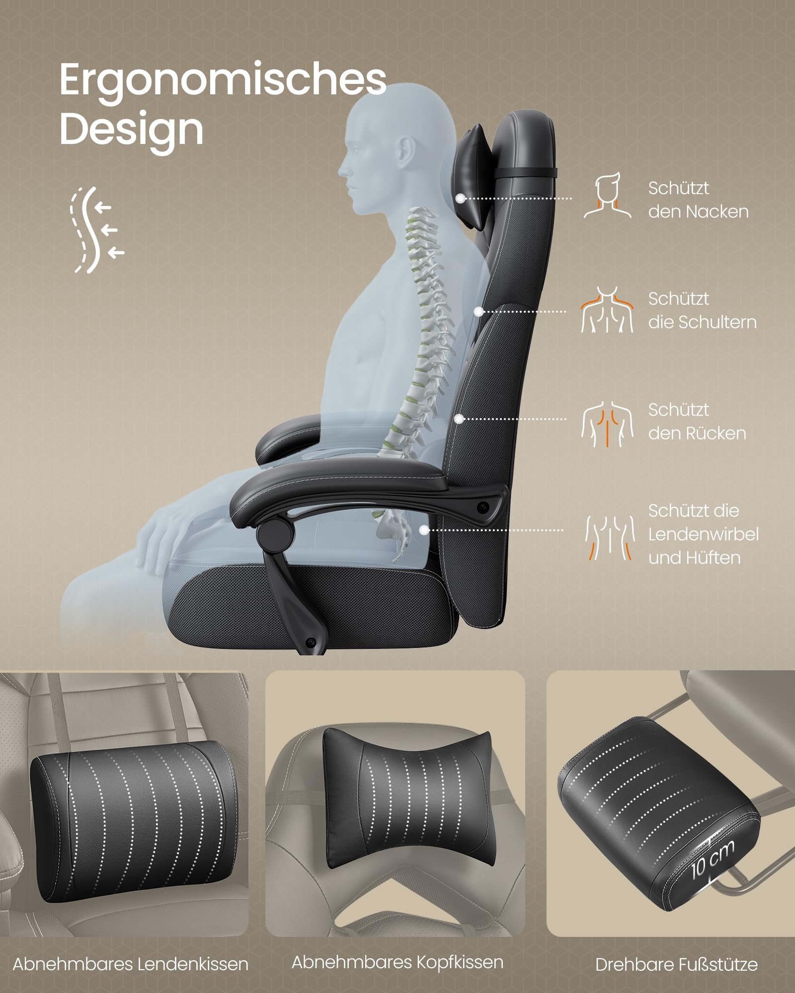 SONGMICS Gaming Stuhl Ergonomisch mit Fußstütze Schwarz OBG077B01