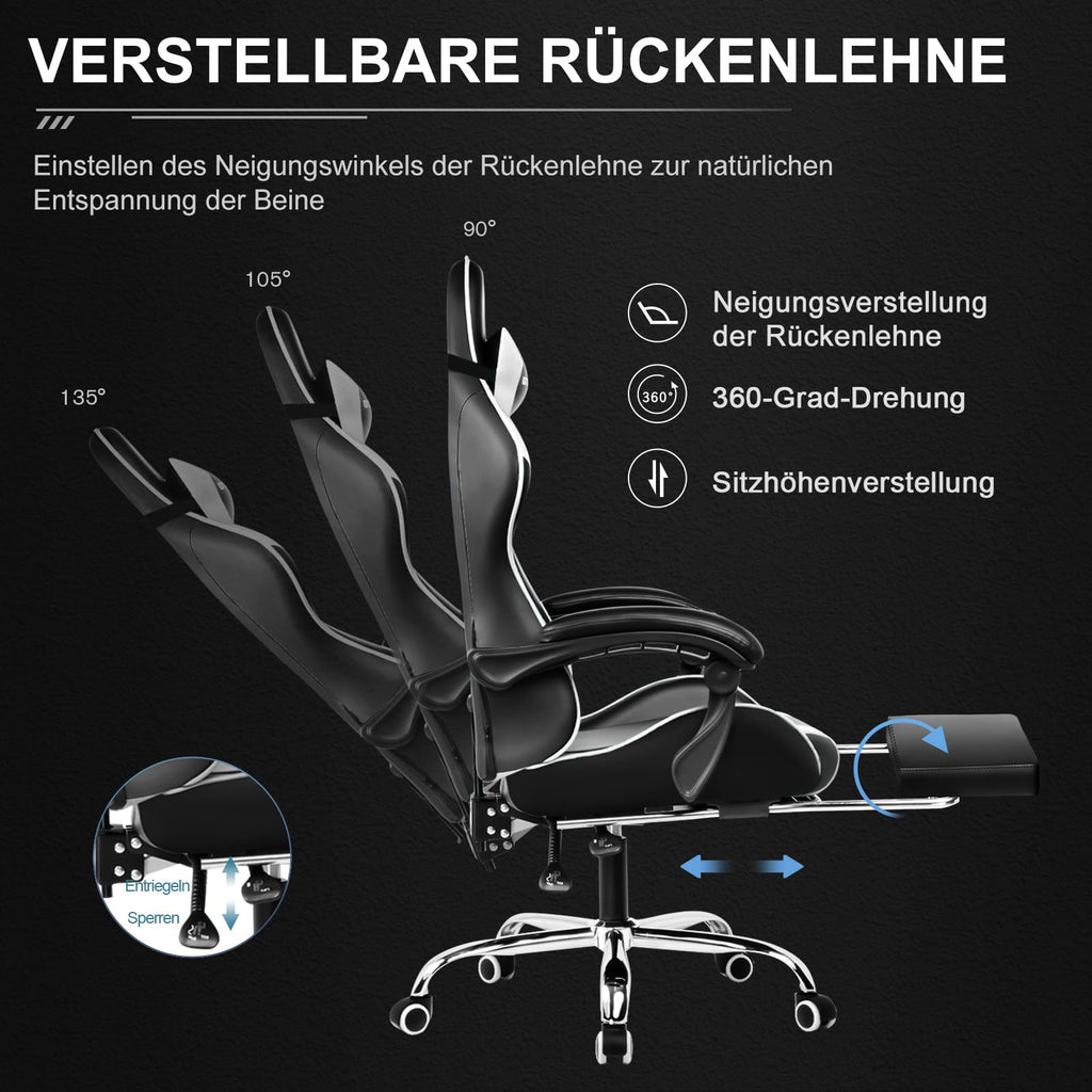 GTPLAYER Gaming Stuhl Ergonomisch mit Fußstütze und Massage Weiß
