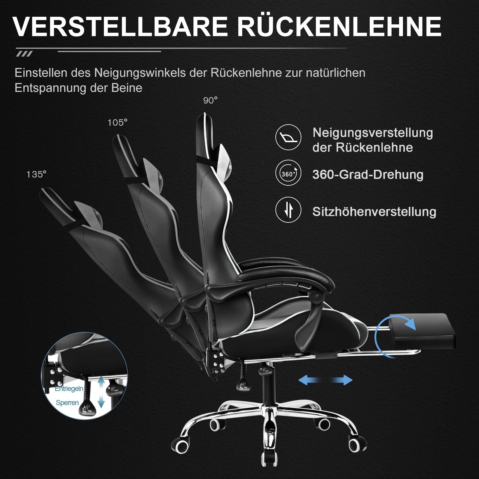 GTPLAYER Gaming Stuhl Ergonomisch mit Fußstütze und Massage Weiß