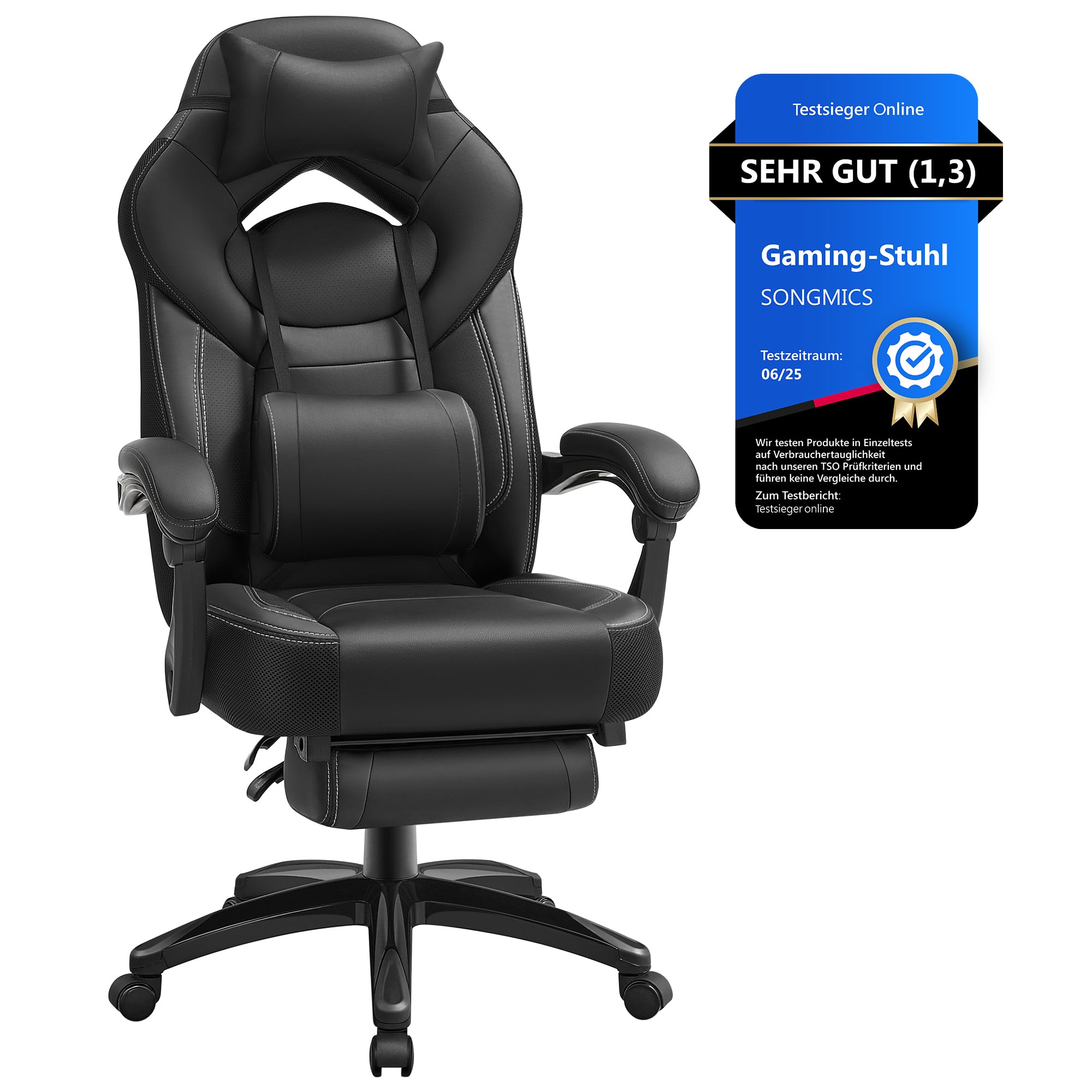 SONGMICS Gaming Stuhl Ergonomisch mit Fußstütze Schwarz OBG077B01