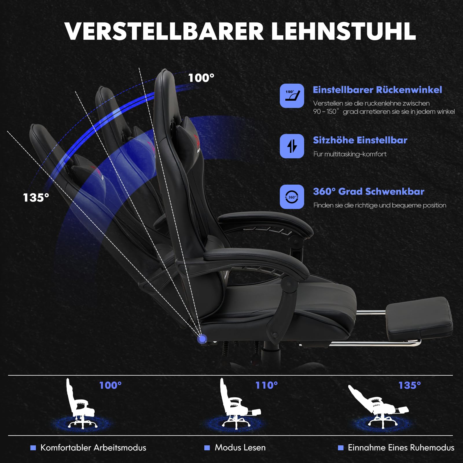 COLAMY Gaming Stuhl Ergonomisch mit Fußstütze Schwarz