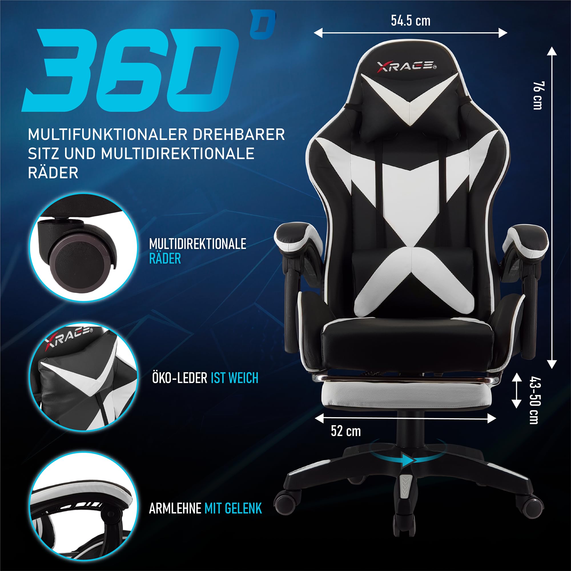 xRace Gaming Stuhl Ergonomisch mit Fußstütze Weiß