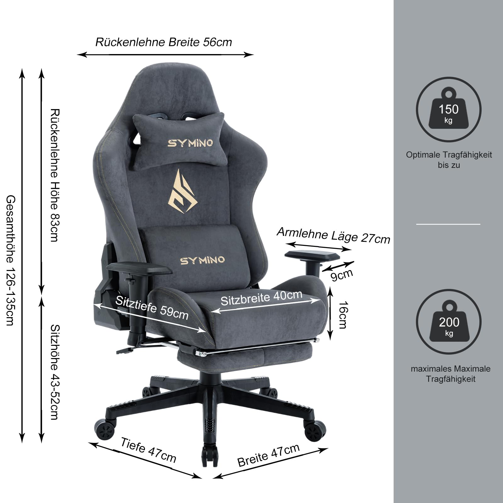 Symino Gaming Stuhl Ergonomisch mit Fußstütze Stoff Grau