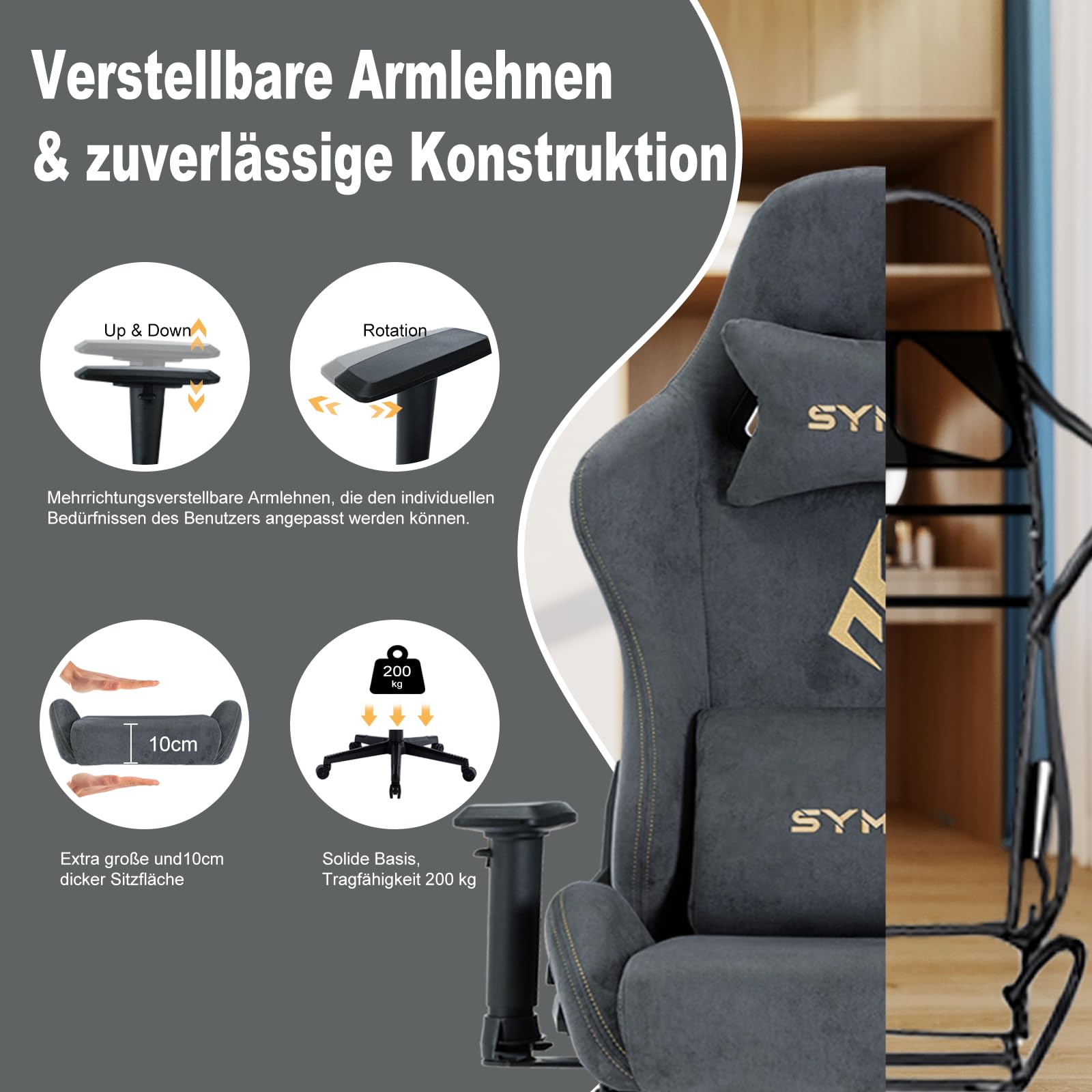 Symino Gaming Stuhl Ergonomisch mit Fußstütze Stoff Grau