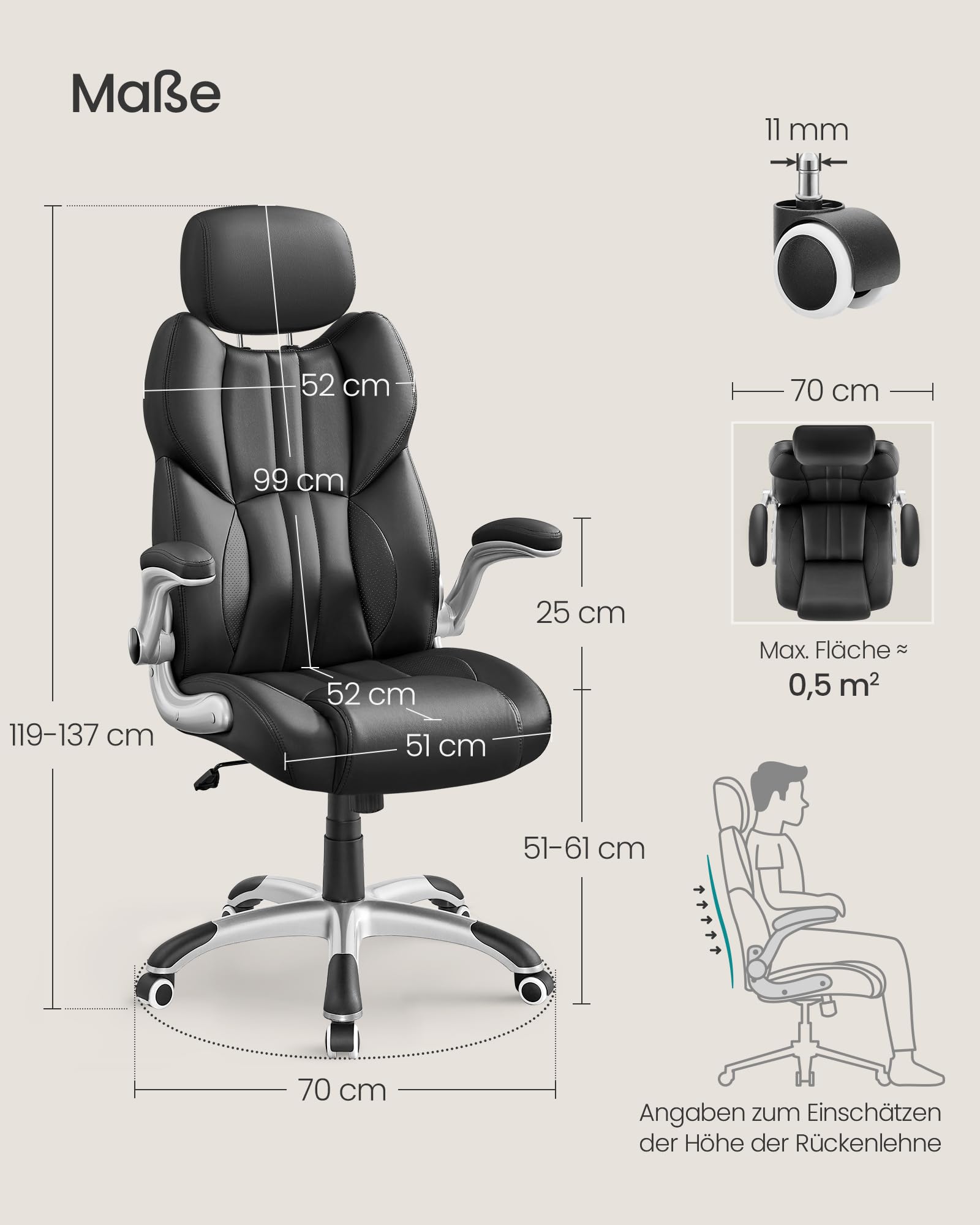 SONGMICS Gaming Stuhl mit Kopfstütze Schwarz OBG65BK