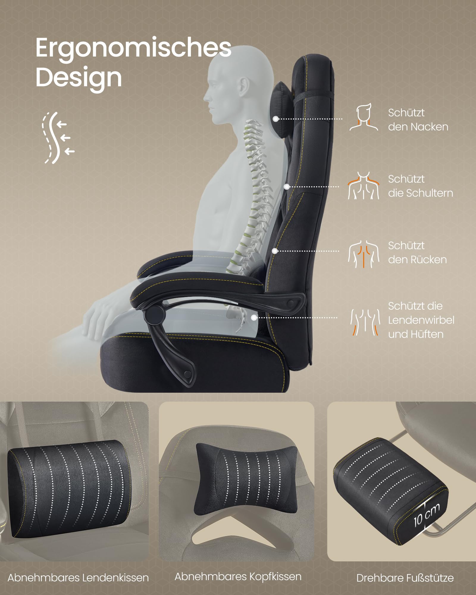SONGMICS Gaming Stuhl Ergonomisch mit Fußstütze Schwarz OBG077B08