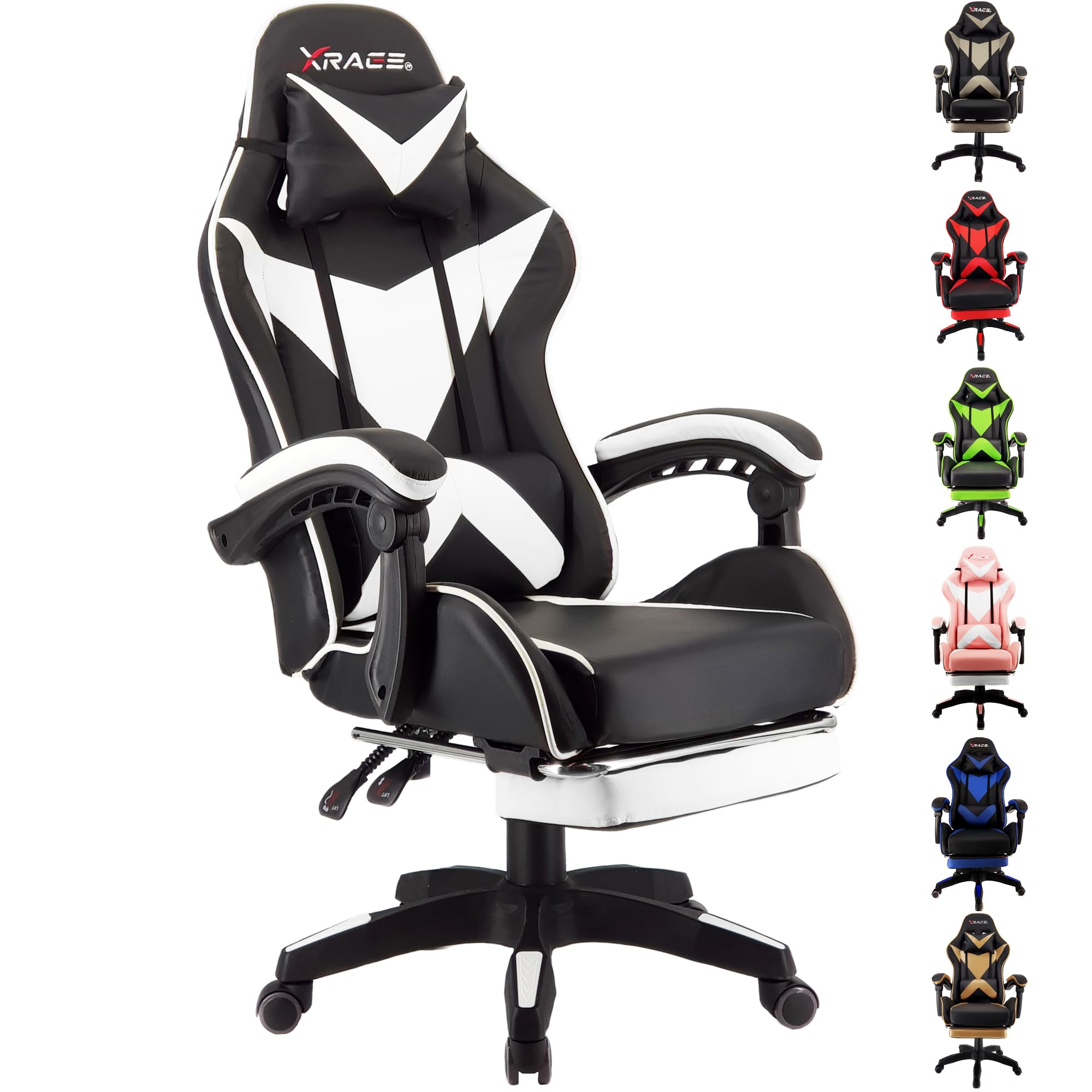 xRace Gaming Stuhl Ergonomisch mit Fußstütze Weiß