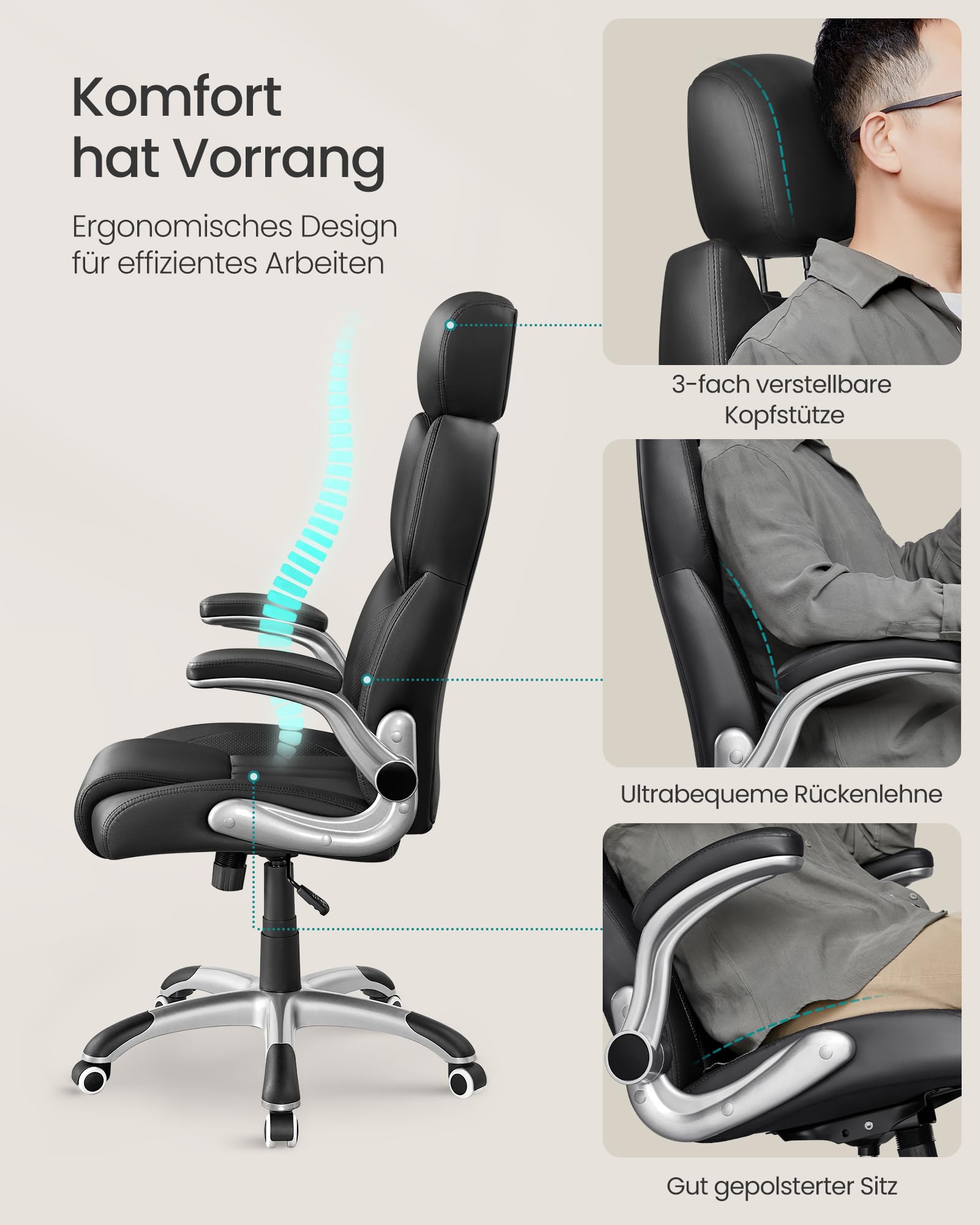 SONGMICS Gaming Stuhl mit Kopfstütze Schwarz OBG65BK