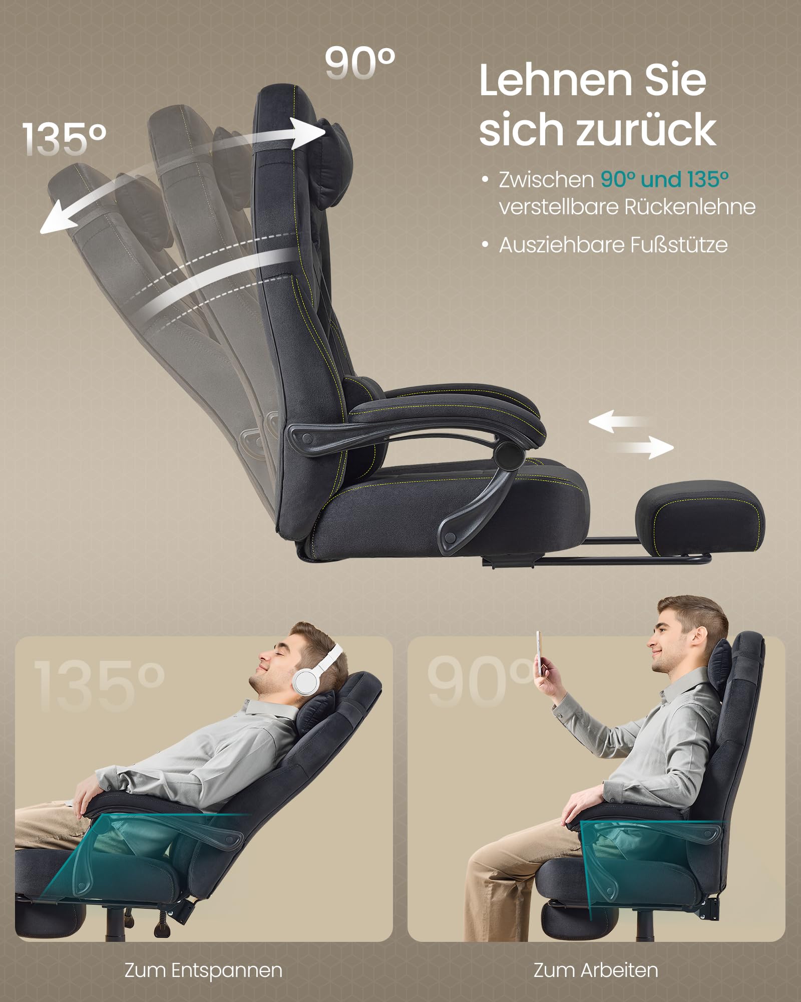 SONGMICS Gaming Stuhl Ergonomisch mit Fußstütze Schwarz OBG077B08