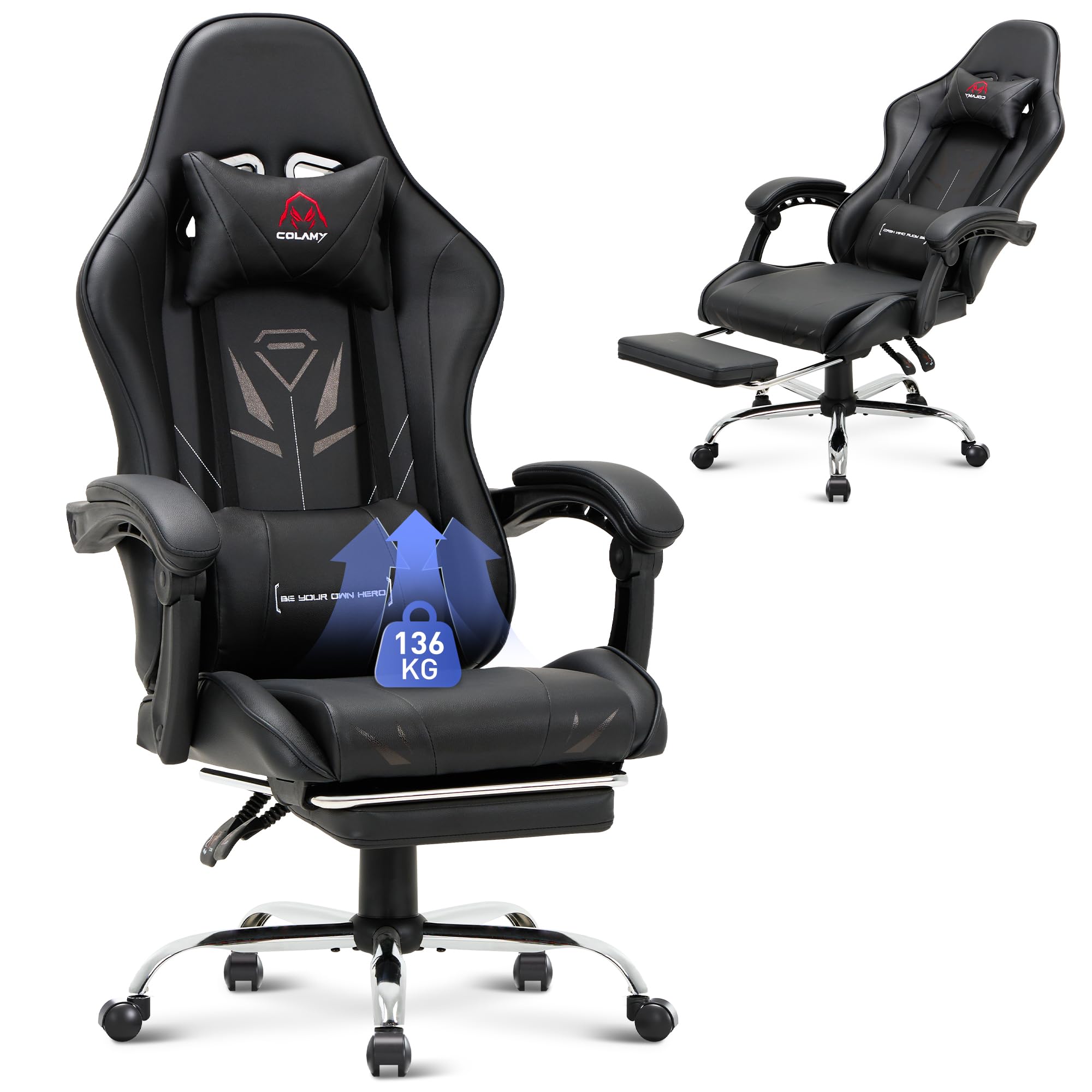 COLAMY Gaming Stuhl Ergonomisch mit Fußstütze Schwarz