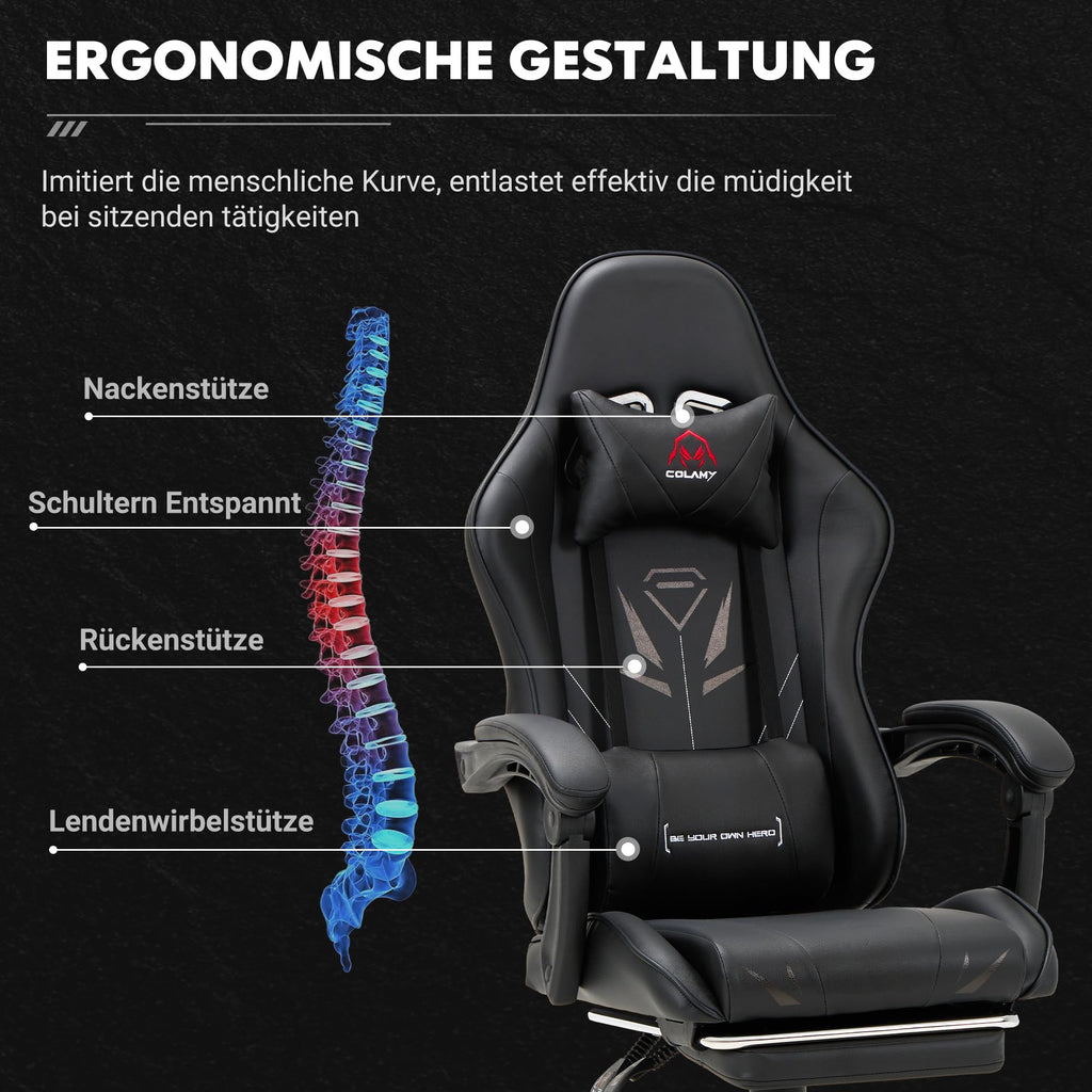 COLAMY Gaming Stuhl Ergonomisch mit Fußstütze Schwarz