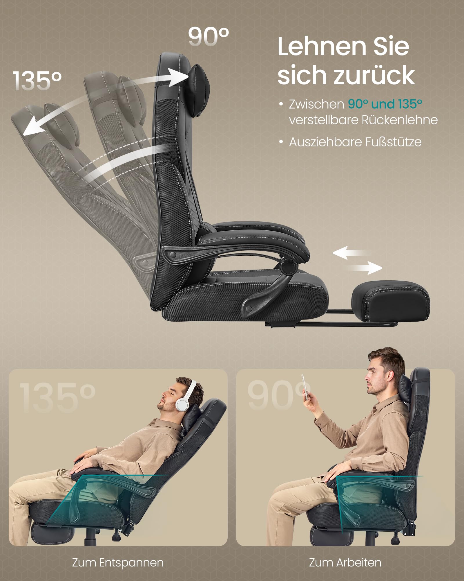 SONGMICS Gaming Stuhl Ergonomisch mit Fußstütze Schwarz OBG077B01