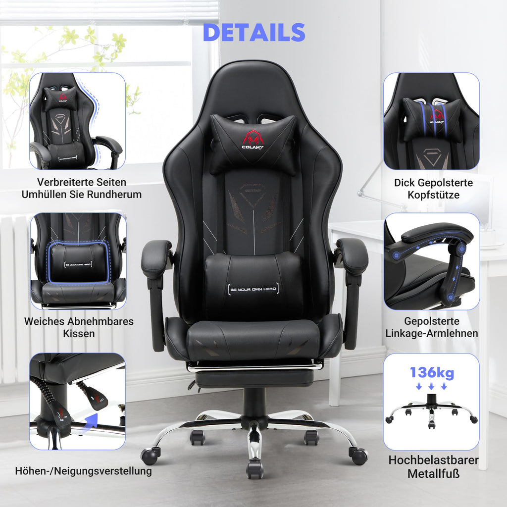 COLAMY Gaming Stuhl Ergonomisch mit Fußstütze Schwarz