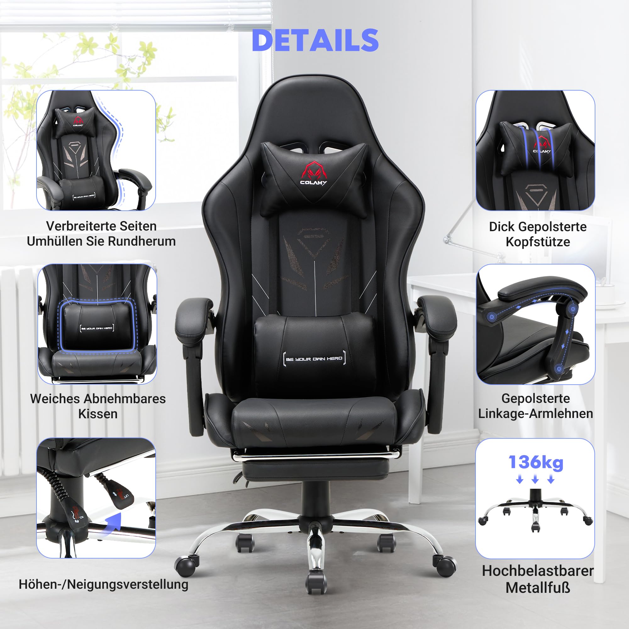 COLAMY Gaming Stuhl Ergonomisch mit Fußstütze Schwarz