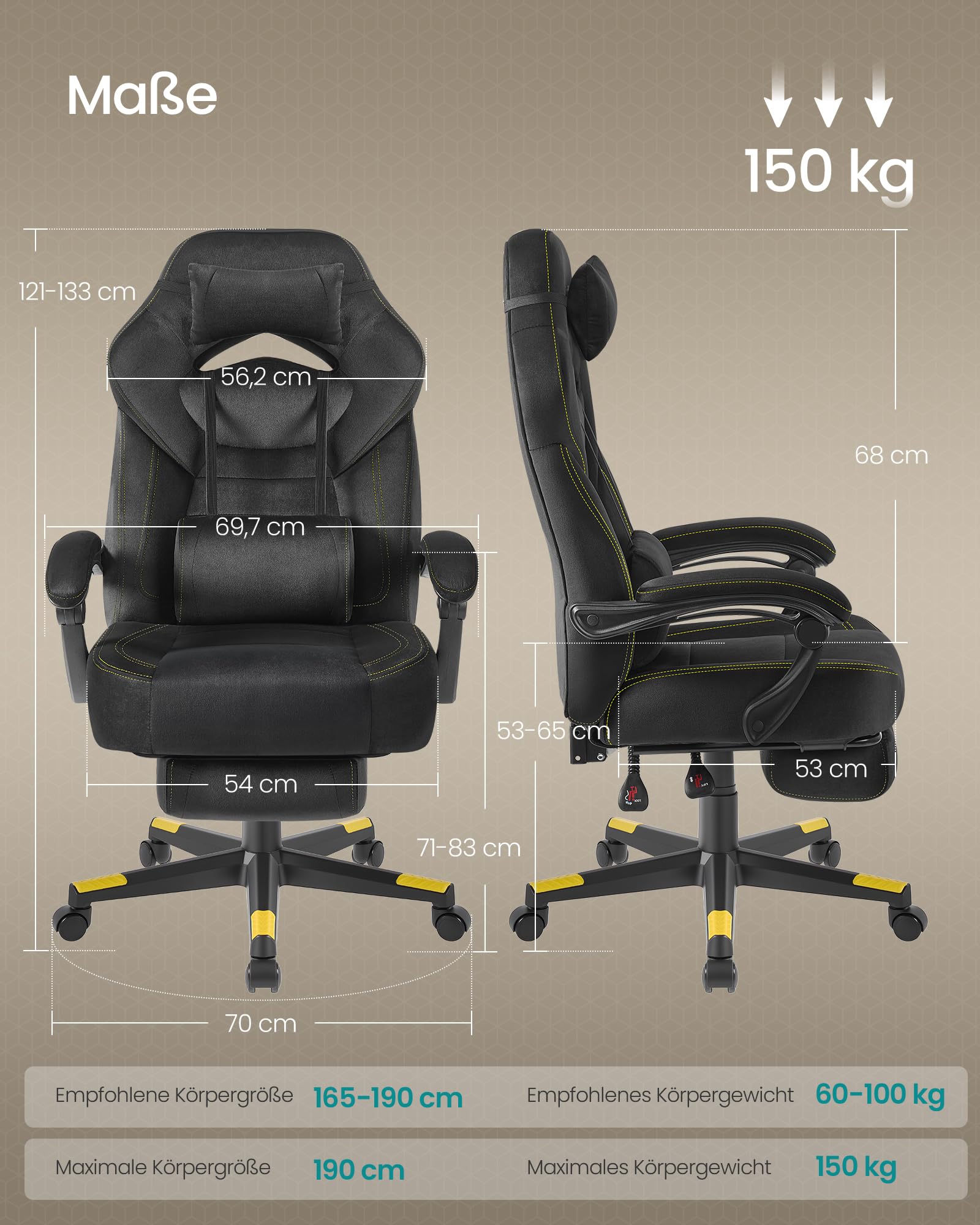 SONGMICS Gaming Stuhl Ergonomisch mit Fußstütze Schwarz OBG077B08