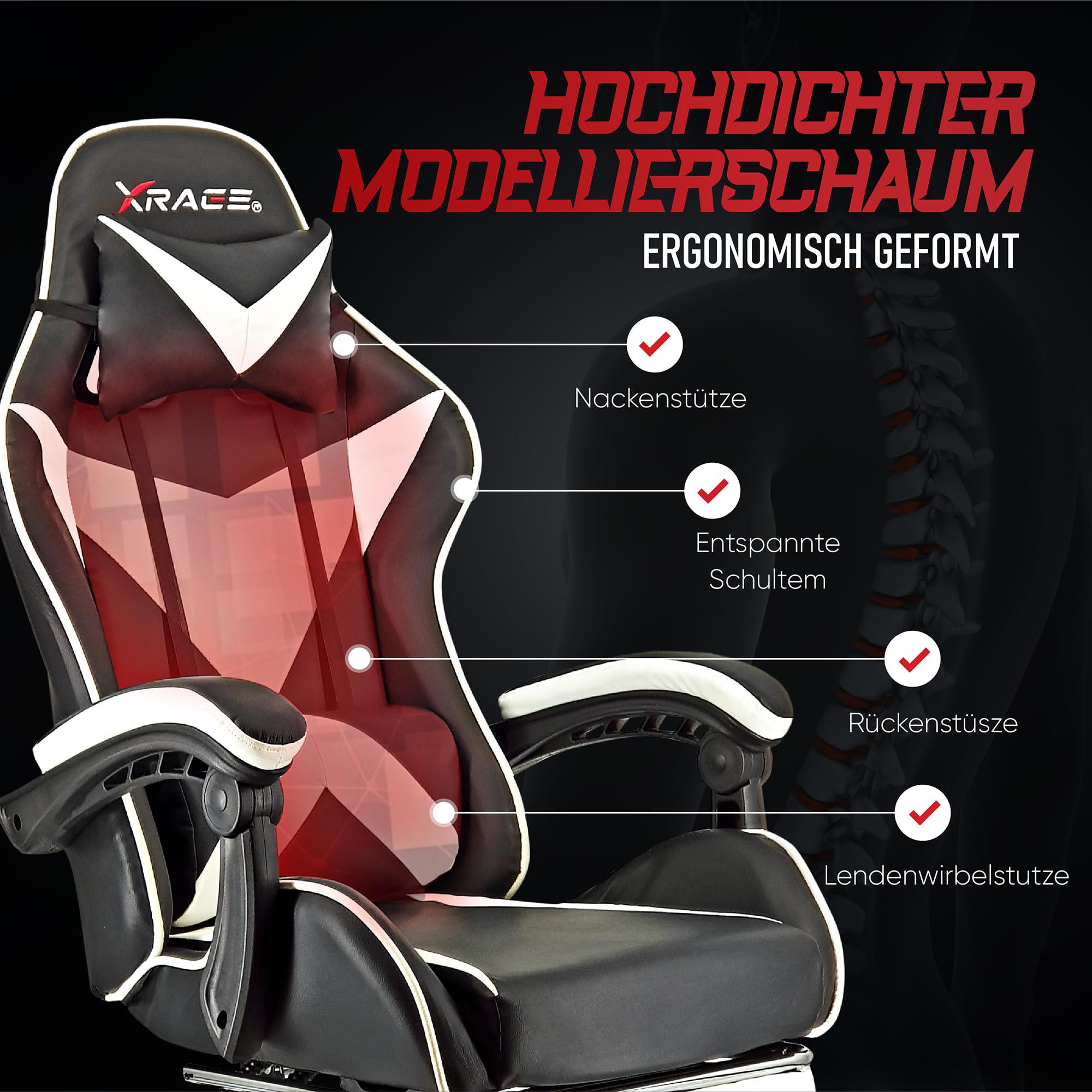 xRace Gaming Stuhl Ergonomisch mit Fußstütze Weiß