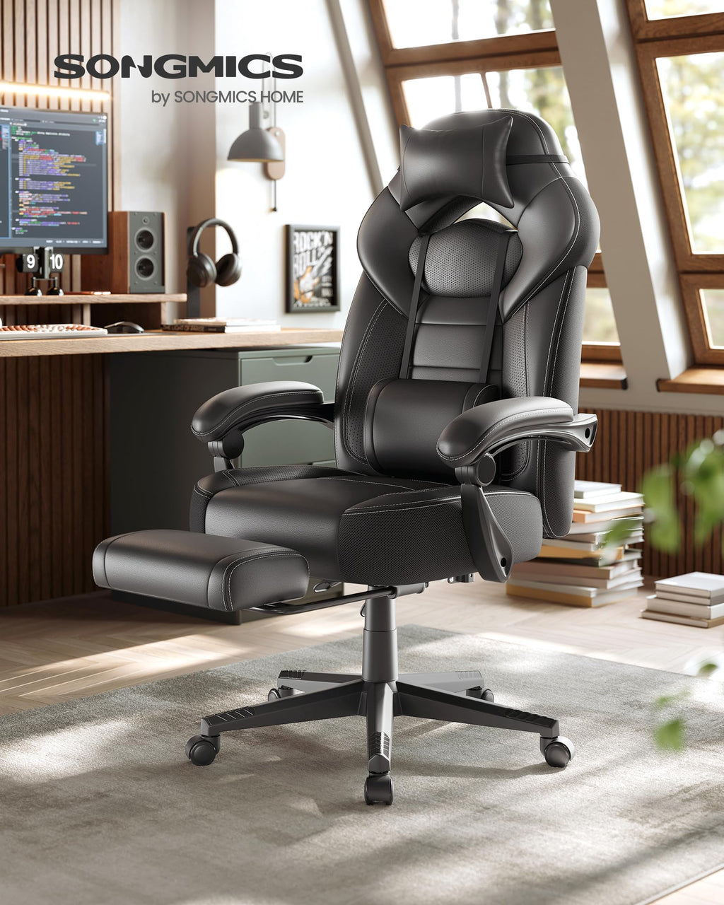 SONGMICS Gaming Stuhl Ergonomisch mit Fußstütze Schwarz OBG077B01