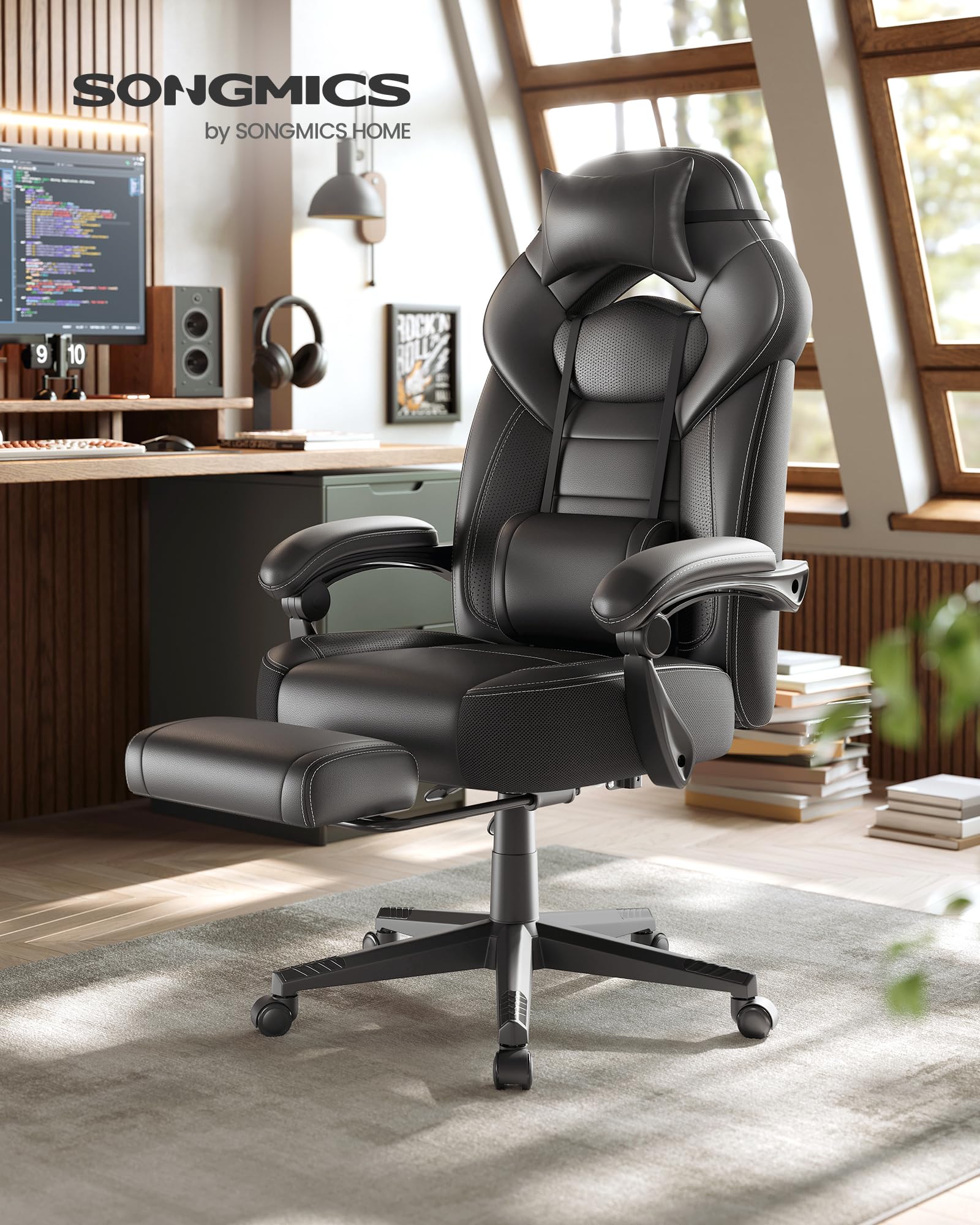 SONGMICS Gaming Stuhl Ergonomisch mit Fußstütze Schwarz OBG077B01