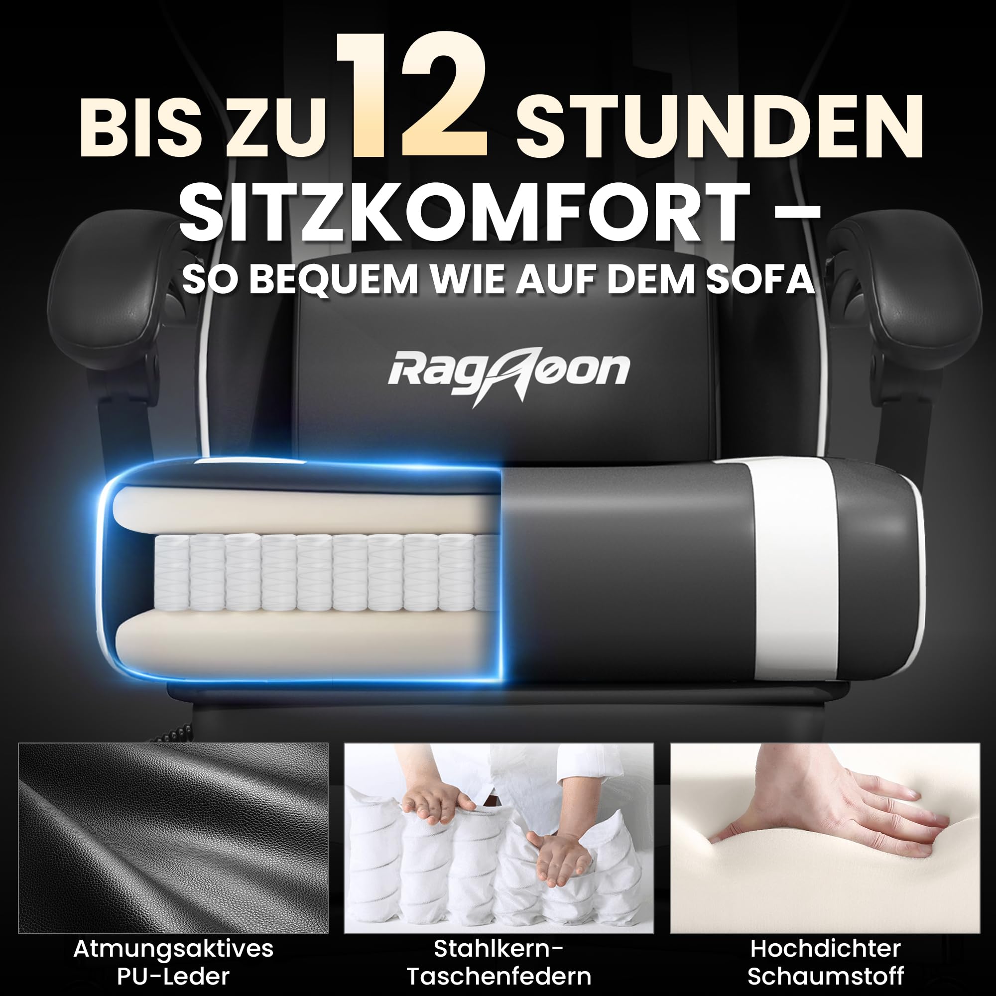 Riftracer Gaming Stuhl Ergonomisch mit Fußstütze Schwarz