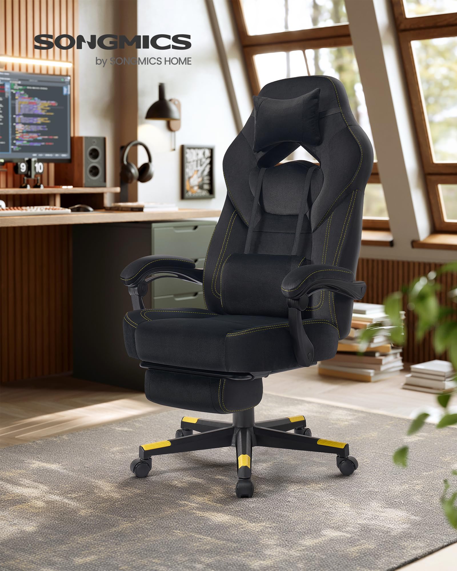 SONGMICS Gaming Stuhl Ergonomisch mit Fußstütze Schwarz OBG077B08