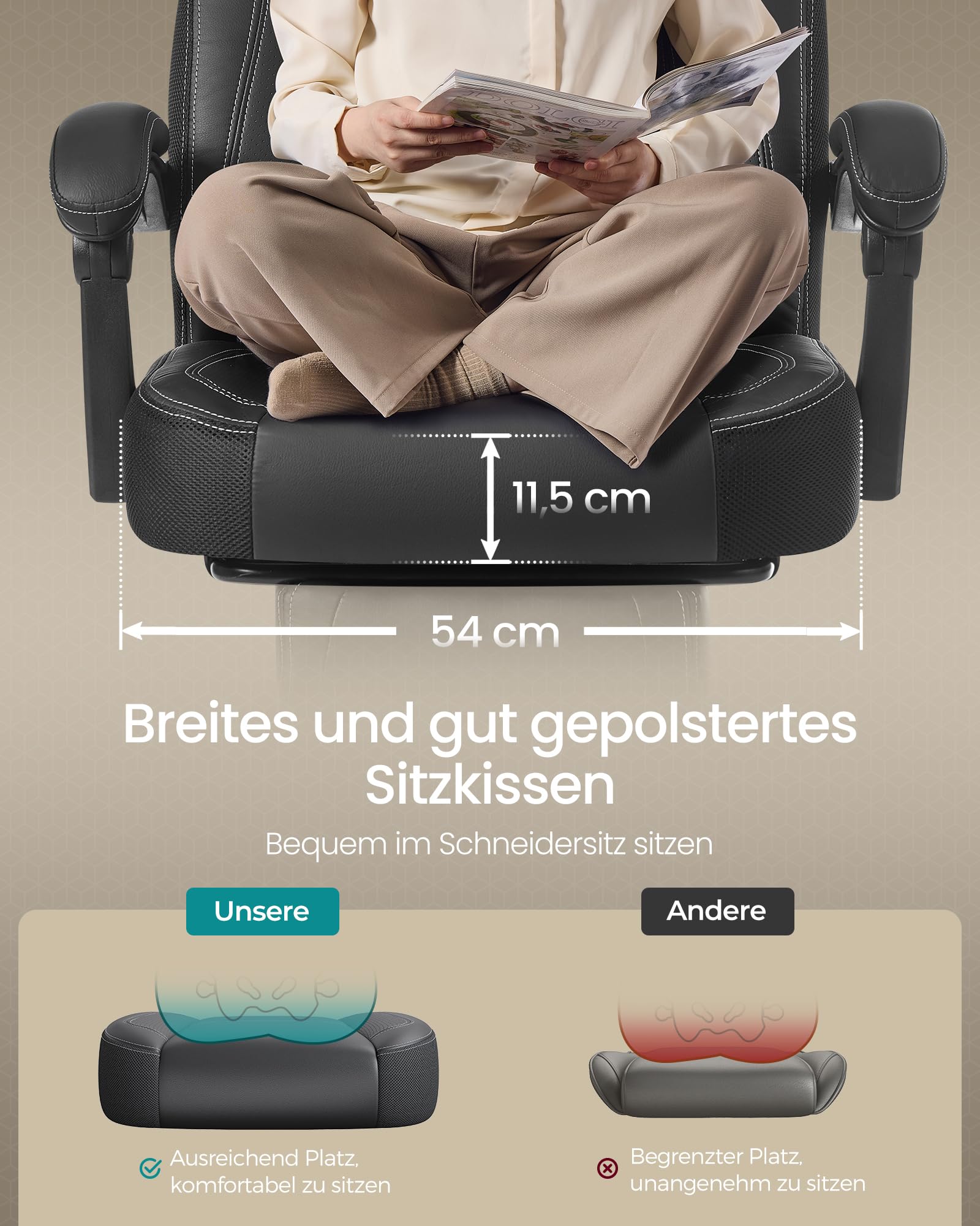 SONGMICS Gaming Stuhl Ergonomisch mit Fußstütze Schwarz OBG077B01